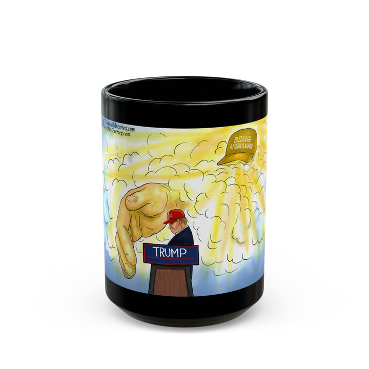 Black Mug - God's Hand Saving President Trump Political Cartoon Design