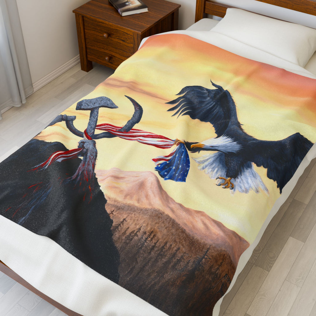 Plush Blanket - American Eagle vs Communist Flag Political Cartoon Design