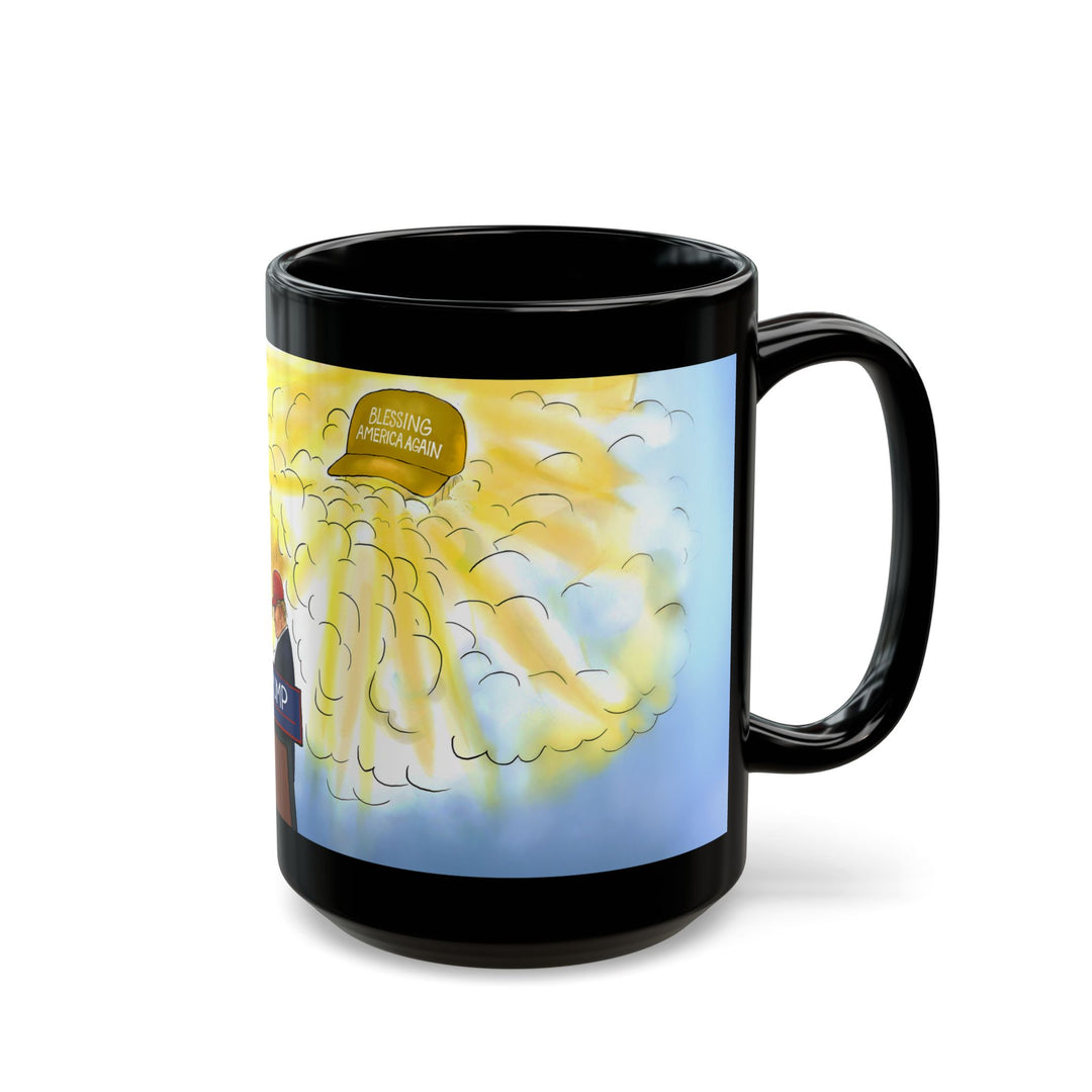 Black Mug - God's Hand Saving President Trump Political Cartoon Design