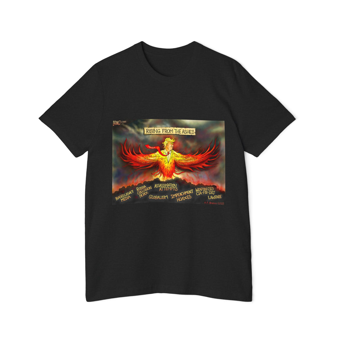 Rising From The Ashes phoenix with Trump—patriotic graphic tee by A.F. Branco.