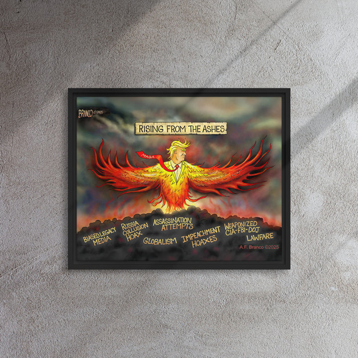 A.F. Branco phoenix cartoon on wall — patriotic floating framed canvas print (16×20). 