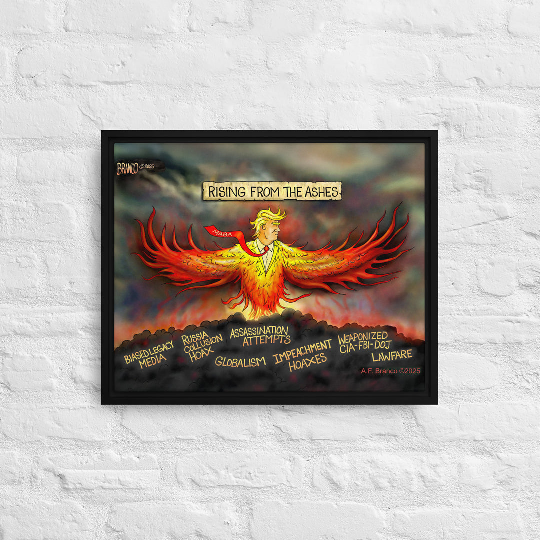 Trump-like phoenix spreads wings over smoke and rubble — conservative framed canvas art (16×20). 