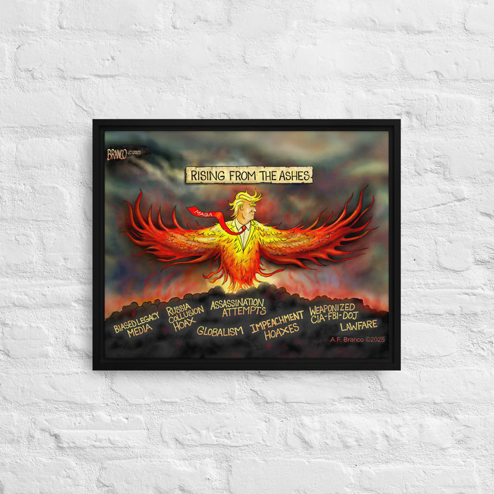 Trump-like phoenix spreads wings over smoke and rubble — conservative framed canvas art (16×20). 