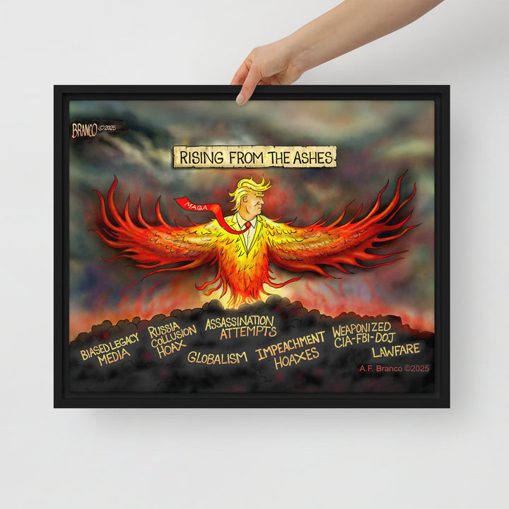 Phoenix “Rising From The Ashes” in black floater frame — patriotic 16×20 framed canvas.