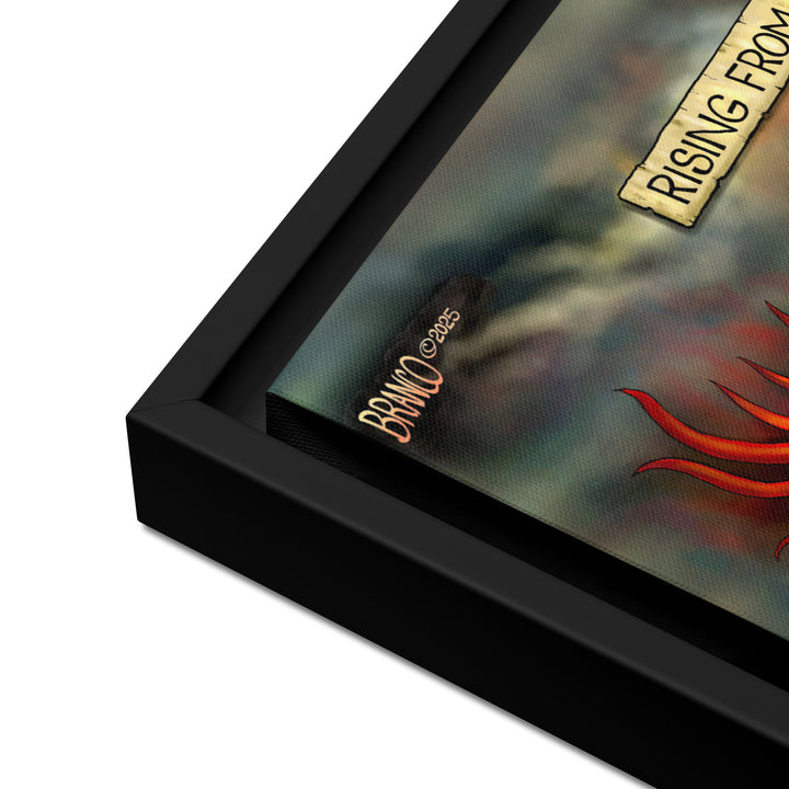 Product detail of frame corner and texture — floating framed canvas construction. 